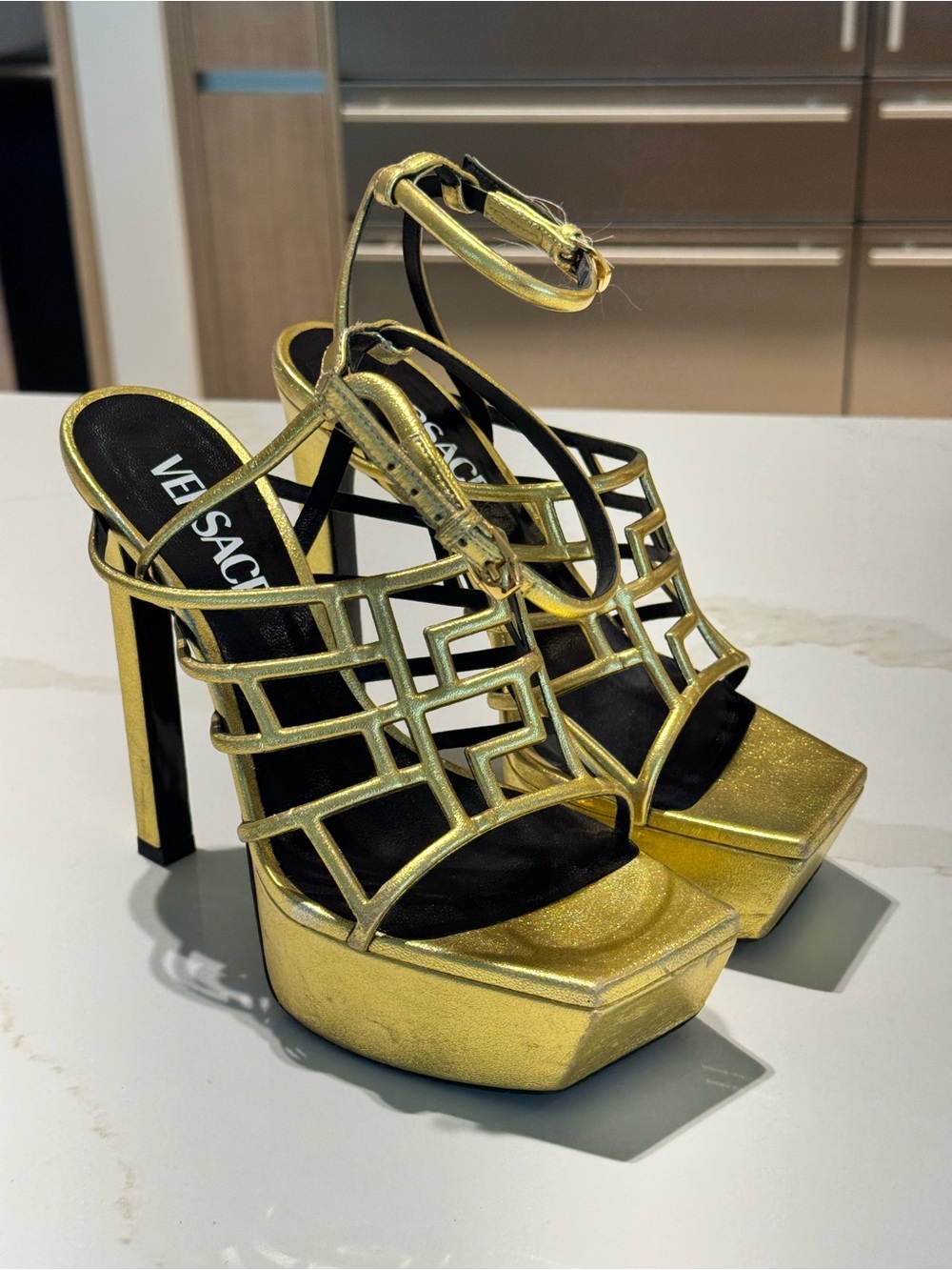 Versace Metallic Gold Cage Platform Sandals